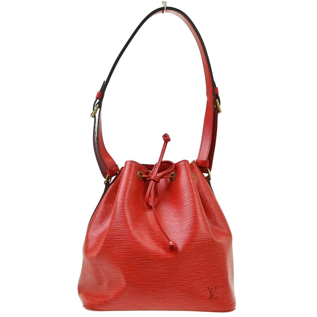 Louis Vuitton Petit Noe Red Epi Leather Drawstring Shoulder Bag M44107: Louis Vuitton Petit Noe Red Epi Leather Drawstring Shoulder Bag M44107 Vintage Louis Vuitton Petite Noe shoulder bag in red Epi leather with a drawstring closure and adjustable leather strap. The bag 