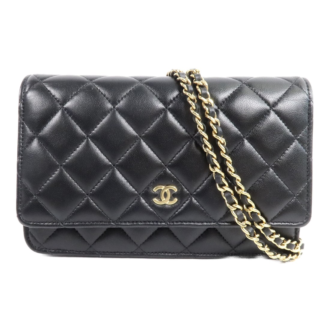 CHANEL AP0250 WOC Shoulder Bag Black Lambskin CC GHW: CHANEL AP0250 WOC Shoulder Bag Black Lambskin CC GHW CHANEL Wallet On Chain shoulder bag in black lambskin (sheep leather) with gold-tone hardware. It features a regular size profile, black exterior a