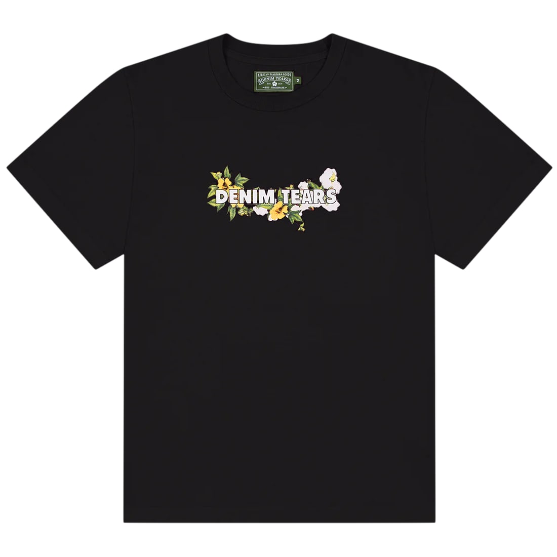 Floral Wreath Logo Black Cotton T-Shirt by Denim Tears: Floral Wreath Logo Black Cotton T-Shirt by Denim Tears This Denim Tears Black Floral Cotton Tee features a soft 100% cotton fabric and a unisex fit designed for comfort. The t-shirt showcases the sign