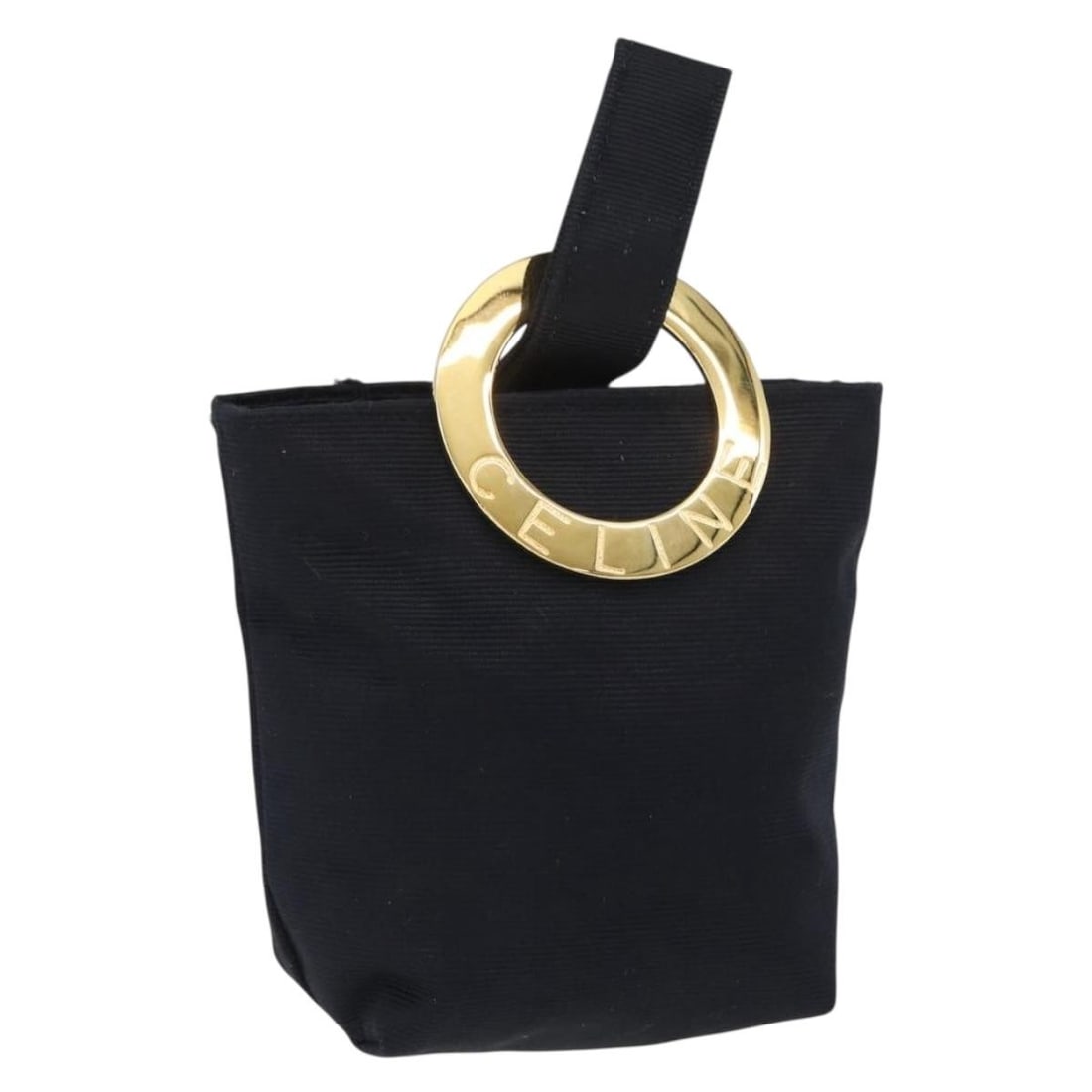 CELINE black canvas circle pouch with gold tone accents: CELINE black canvas circle pouch with gold tone accents A CELINE circle pouch in black and gold canvas, made in Japan. This women's pouch is described as a reasonable-wear item with visible surface ru