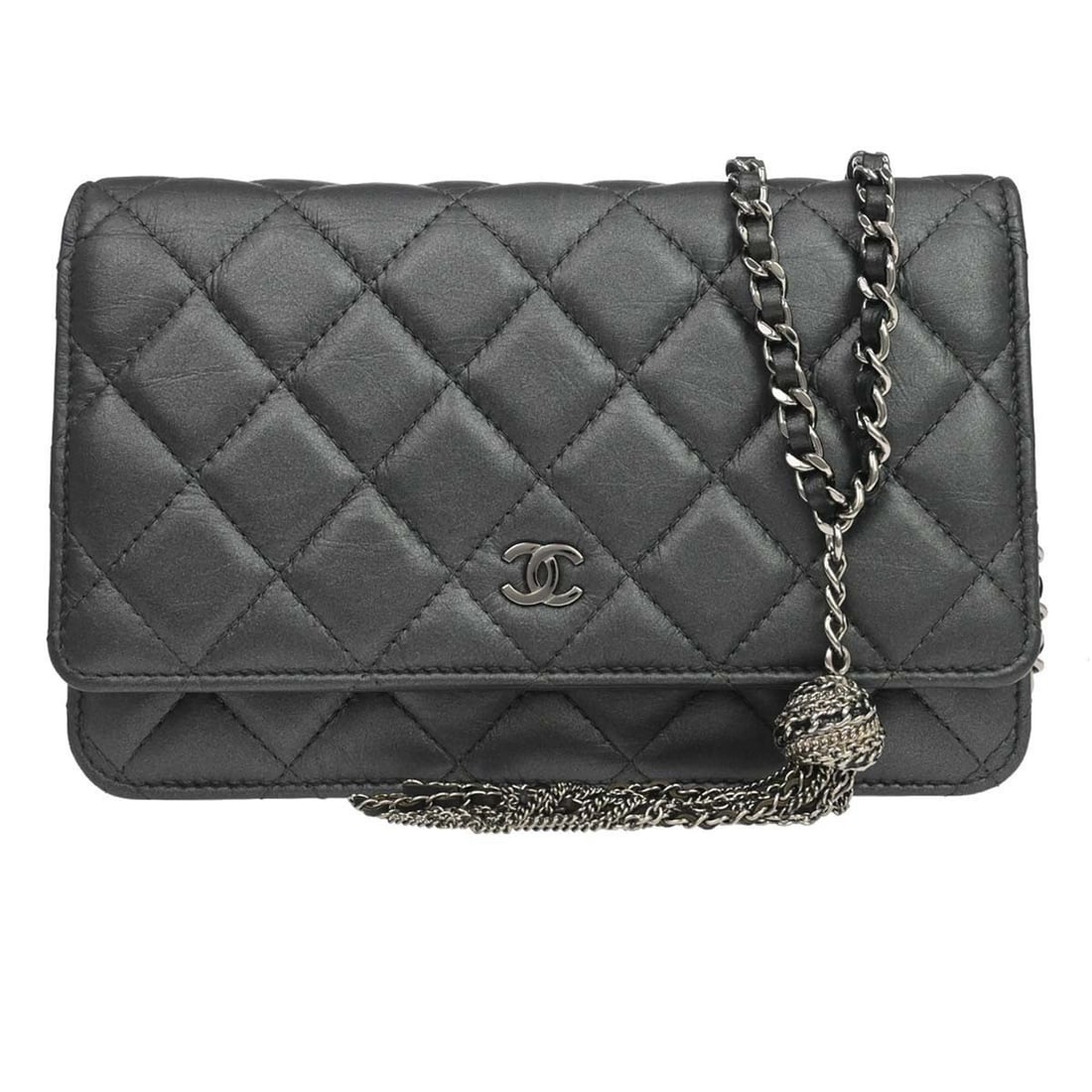CHANEL Classic WOC Wallet on Chain Gray Lambskin Leather: CHANEL Classic WOC Wallet on Chain Gray Lambskin Leather Chanel Classic WOC wallet on chain bag in gray lambskin leather. This folding wallet style features a chain strap and an organized interior wit