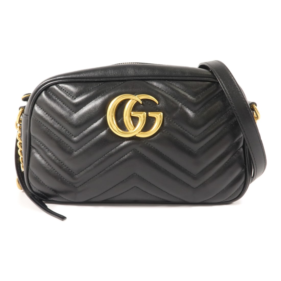 GUCCI 447632 GG Marmont black calfskin shoulder bag: GUCCI 447632 GG Marmont black calfskin shoulder bag Black GUCCI GG Marmont shoulder bag made from calfskin (cowhide) leather. It features a GG hardware detail in a gold hardware finish, a shoulder str