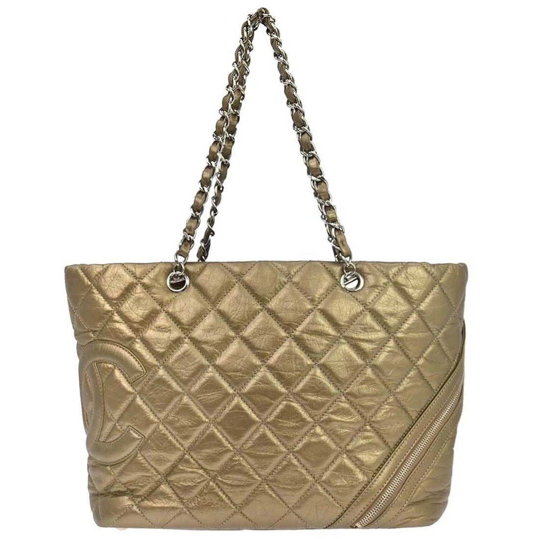 CHANEL Cambon quilted gold calfskin tote with chain strap: CHANEL Cambon quilted gold calfskin tote with chain strap Chanel Cambon tote bag in gold calfskin with quilted detailing and double handles. This large women's tote features a zip closure, canvas lini