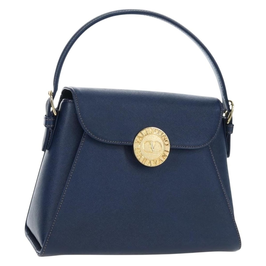 Valentino Blue Leather 2way Handbag with Shoulder Strap: Valentino Blue Leather 2way Handbag with Shoulder Strap Valentino hand bag in leather with a blue and gold color combination. This 2-way style includes a shoulder strap and is designed for women. It i