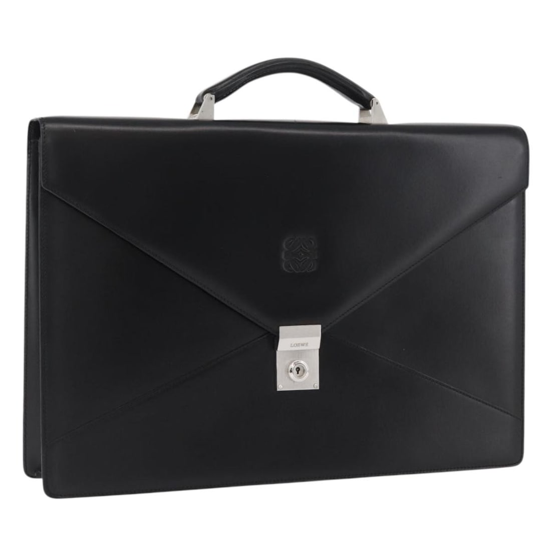 LOEWE black leather business bag silver tone made in Spain: LOEWE black leather business bag silver tone made in Spain A black and silver Loewe leather business bag with a structured silhouette and handle drop design. Made in Spain, it is offered in condition 