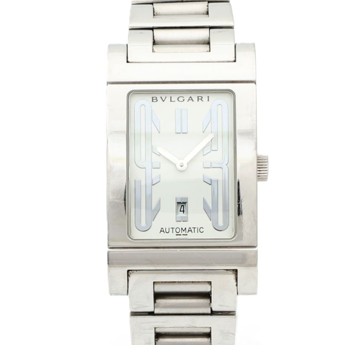 BVLGARI RT45S Rettangolo 26mm automatic wristwatch in stainless steel: BVLGARI RT45S Rettangolo 26mm automatic wristwatch in stainless steel BVLGARI Rettangolo automatic ladies' wristwatch in stainless steel with a white dial and white frame color. It features a 26mm cas