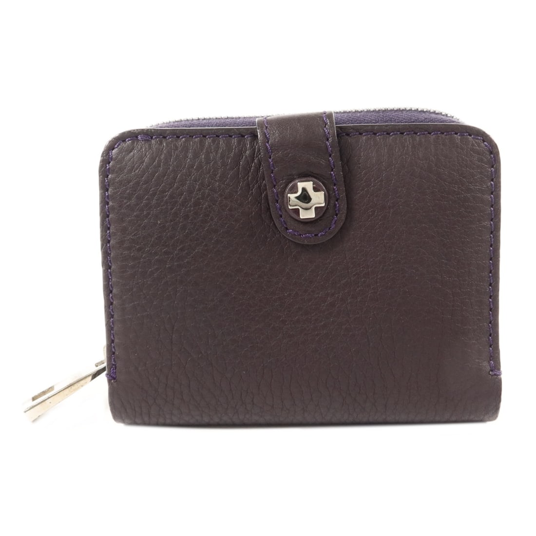 BALLY SHW Purple Calfskin Bi Fold Wallet for Women: BALLY SHW Purple Calfskin Bi Fold Wallet for Women BALLY bi-fold wallet in purple calfskin leather, designed for women. It features a hook button closure, one coin case, seven card slots, and comes wi