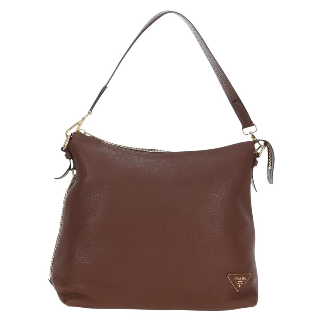 PRADA Taurillon Clemence Brown Shoulder Bag with Dust Bag Card: PRADA Taurillon Clemence Brown Shoulder Bag with Dust Bag Card Brown and gold Prada shoulder bag made from Taurillon Clemence leather, crafted in Italy. It measures approximately W36 cm x H32 cm x D16