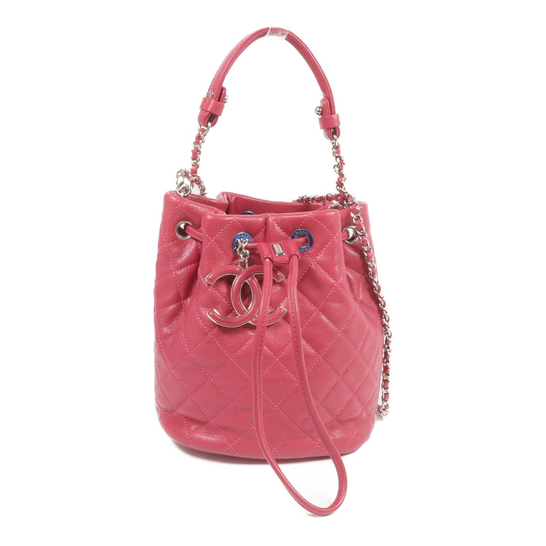CHANEL CC Red Calfskin 2way Shoulder Bucket Bag SHW: CHANEL CC Red Calfskin 2way Shoulder Bucket Bag SHW CHANEL CC SHW Bucket Bag Chain Shoulder Bag in red calfskin (cowhide) leather. This 2way shoulder bag is designed for women and includes an inside c