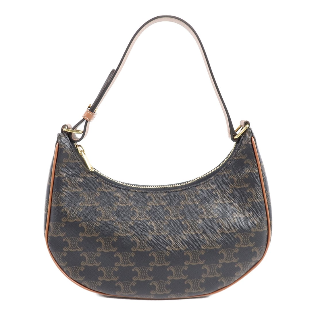 CELINE Triomphe Ava Medium Shoulder Bag Brown Coated Canvas: CELINE Triomphe Ava Medium Shoulder Bag Brown Coated Canvas A medium shoulder bag in brown from CELINE, featuring Triomphe Ava styling and gold hardware. It is made from PVC coated canvas and comes wi
