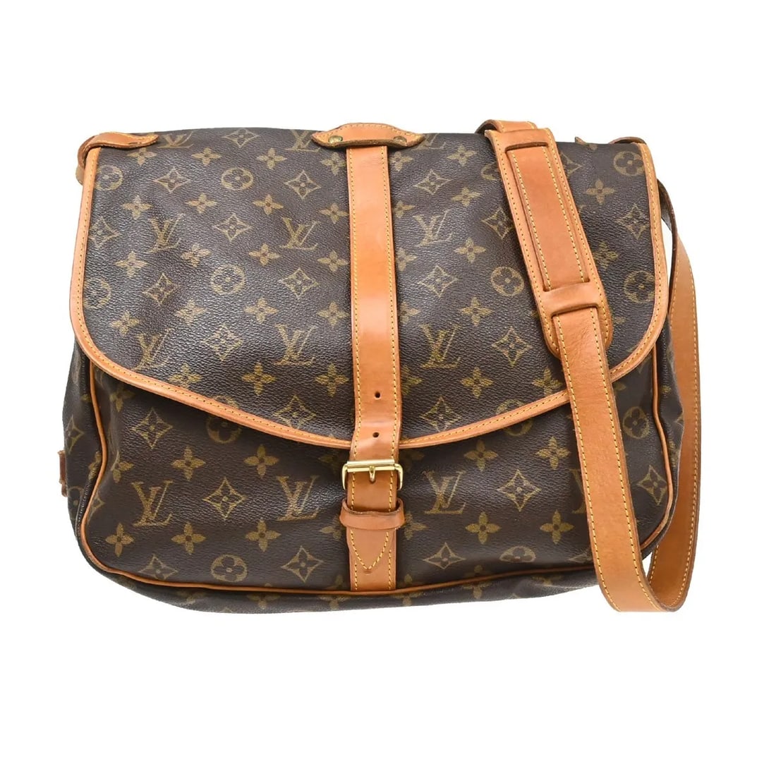 Louis Vuitton Saumur brown monogram canvas shoulder bag: Louis Vuitton Saumur brown monogram canvas shoulder bag Louis Vuitton Saumur in brown monogram canvas. This unisex bag is in good overall condition, with visible wear including scuffs, scratches, disc