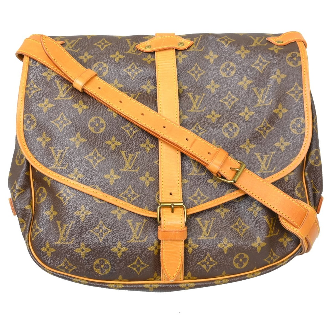 Louis Vuitton Saumur 35 Monogram Canvas Crossbody Shoulder Bag M42254: Louis Vuitton Saumur 35 Monogram Canvas Crossbody Shoulder Bag M42254 Vintage Louis Vuitton Saumur 35 shoulder bag in brown Monogram canvas and leather. This unisex bag features a buckle closure, cros