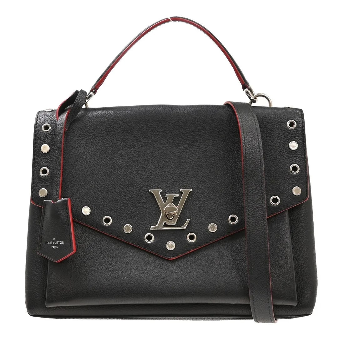 Louis Vuitton Mylockme Black Leather Handbag 28cm x 19cm x 9cm: Louis Vuitton Mylockme Black Leather Handbag 28cm x 19cm x 9cm Louis Vuitton Mylockme studded leather bag in black, designed for women. It is made of leather and measures 28 cm x 19 cm x 9 cm. The bag