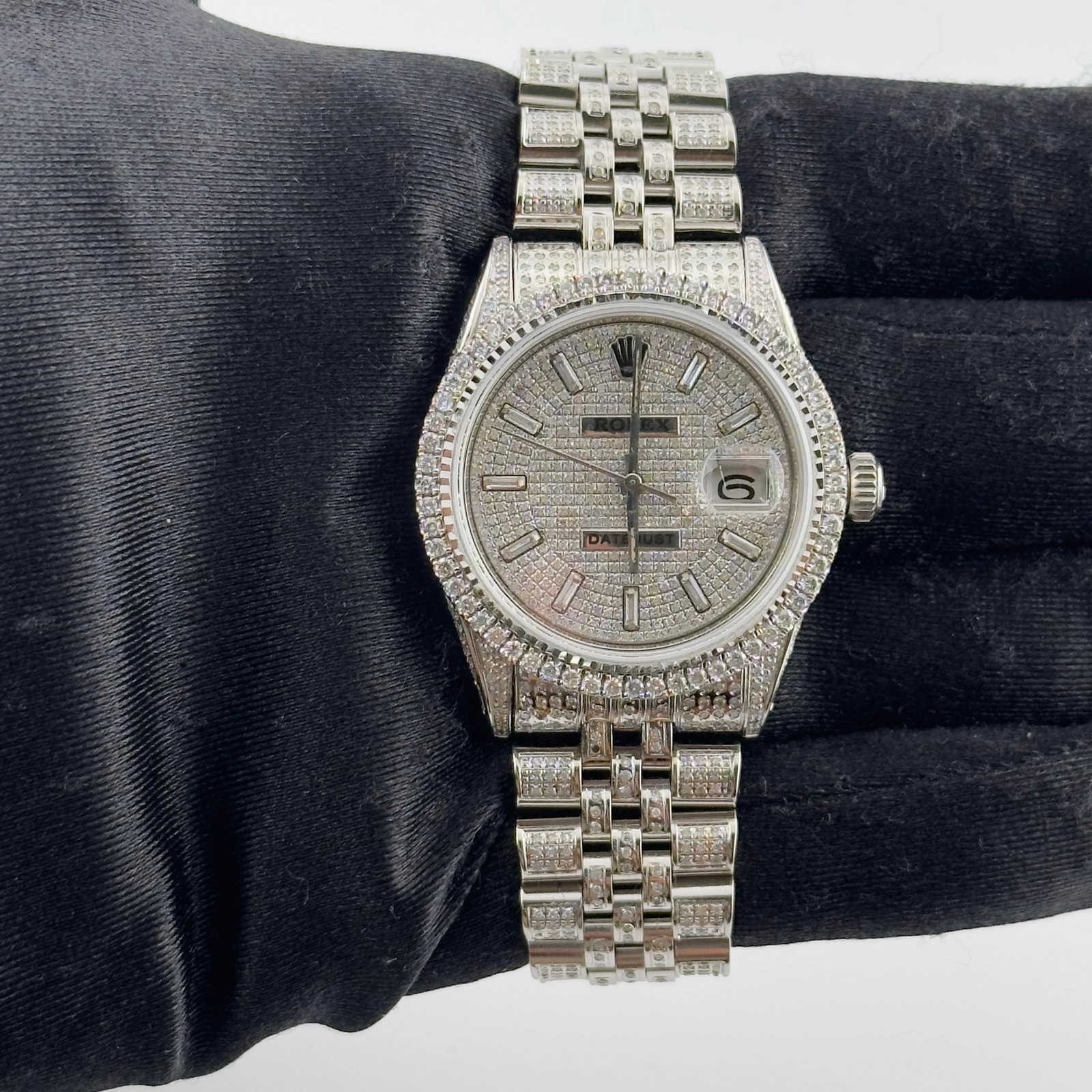 Rolex Datejust Diamond Dial Watch with Aftermarket Jubilee Diamond Bracelet Ref 1601: Rolex Datejust Diamond Dial Watch with Aftermarket Jubilee Diamond Bracelet Ref 1601 This Rolex Datejust features a diamond stick dial, prong diamond bezel, and an aftermarket Jubilee bracelet adorned