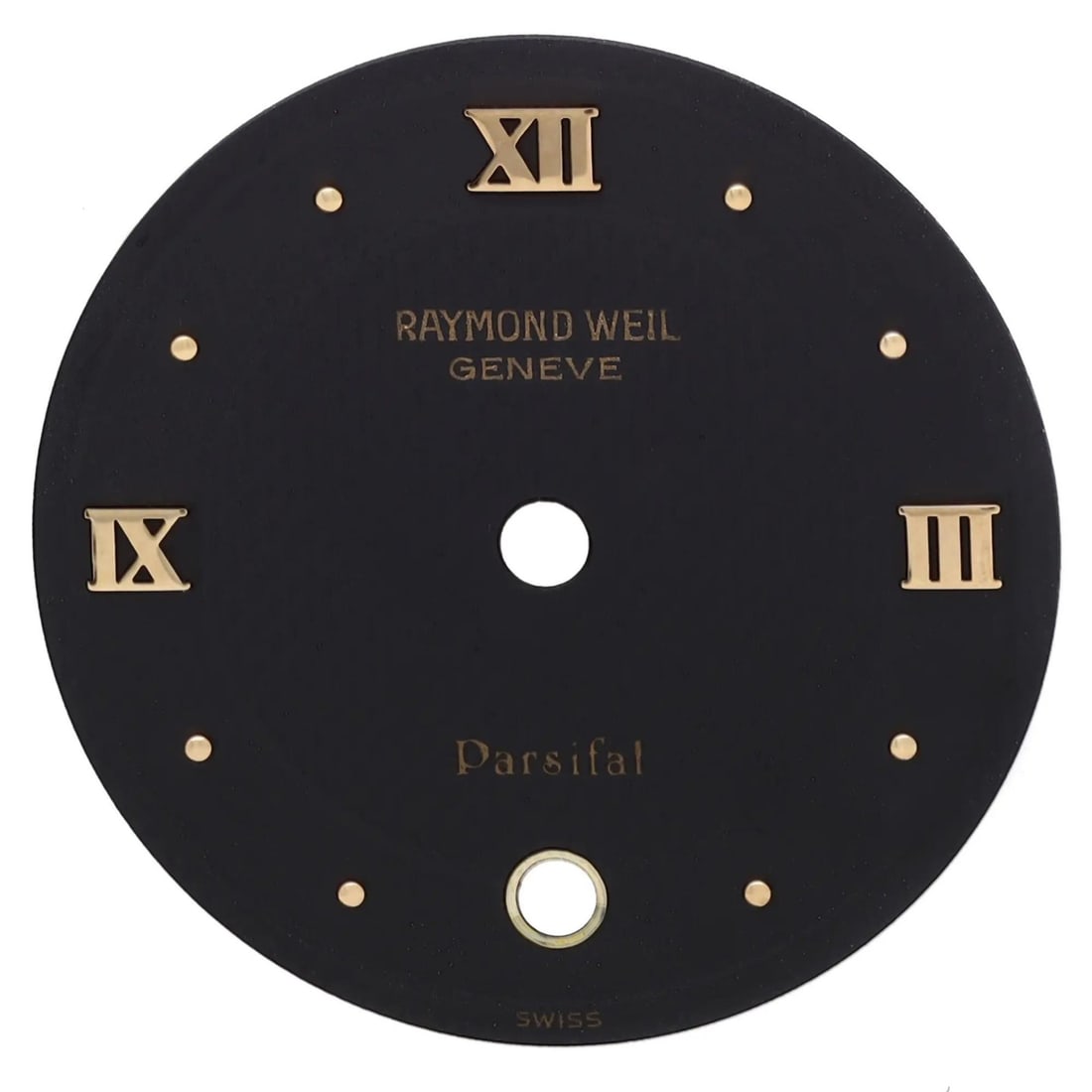 Raymond Weil Parsifal 19mm Luxury Black Dial with Gold Roman Numerals: Raymond Weil Parsifal 19mm Luxury Black Dial with Gold Roman Numerals Enhance your Raymond Weil timepiece with this exquisite 19 mm gold Roman numerals watch dial. Featuring a sleek black color, this 