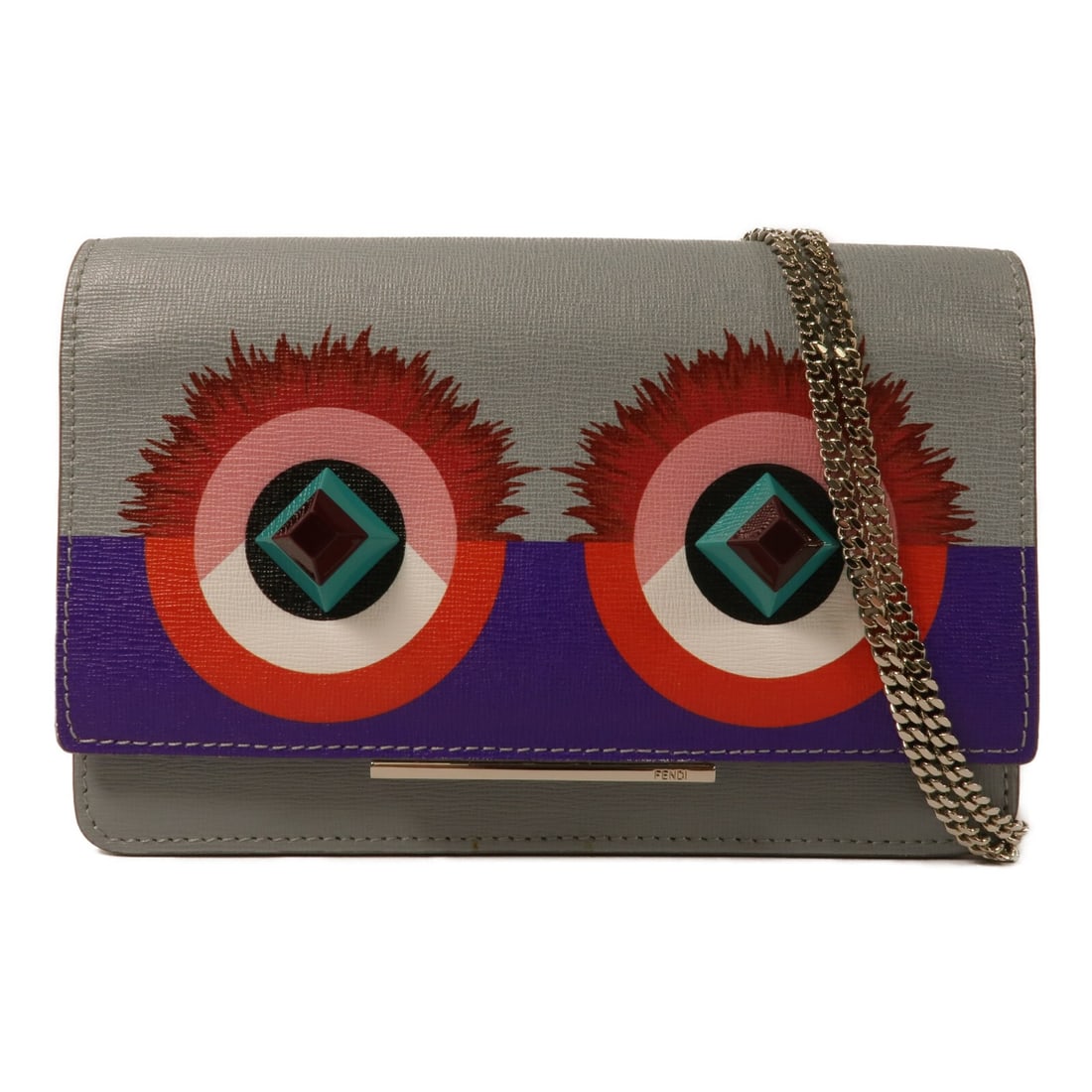 Fendi Monster Wallet on Chain Shoulder Bag 8M0346.88E Gray Calfskin: Fendi Monster Wallet on Chain Shoulder Bag 8M0346.88E Gray Calfskin A Fendi Wallet On Chain shoulder bag in gray, blue, and gray tones, made from calfskin (cowhide). It features a shoulder strap, magn