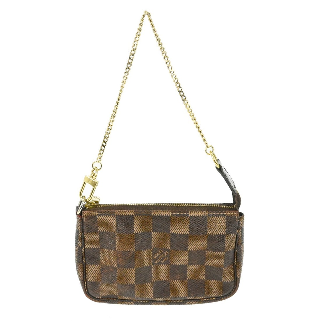 Louis Vuitton Mini Pochette Accessoires Damier Ebene Handbag N58009: Louis Vuitton Mini Pochette Accessoires Damier Ebene Handbag N58009 Vintage Louis Vuitton Mini Pochette Accessoires handbag in Damier Ebene brown check pattern. It features a zipper closure, chain str