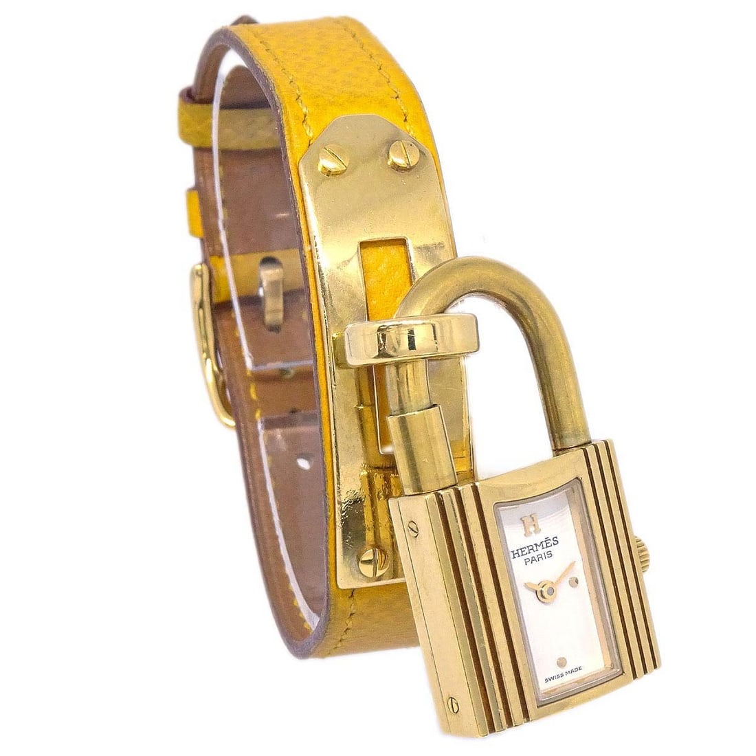 Hermes Kelly Women's Quartz Wristwatch Yellow Courchevel Leather Band: Hermes Kelly Women's Quartz Wristwatch Yellow Courchevel Leather Band Hermes Kelly women's wristwatch with a quartz movement and analog display. It features a gold-plated case, gold bezel, yellow leat