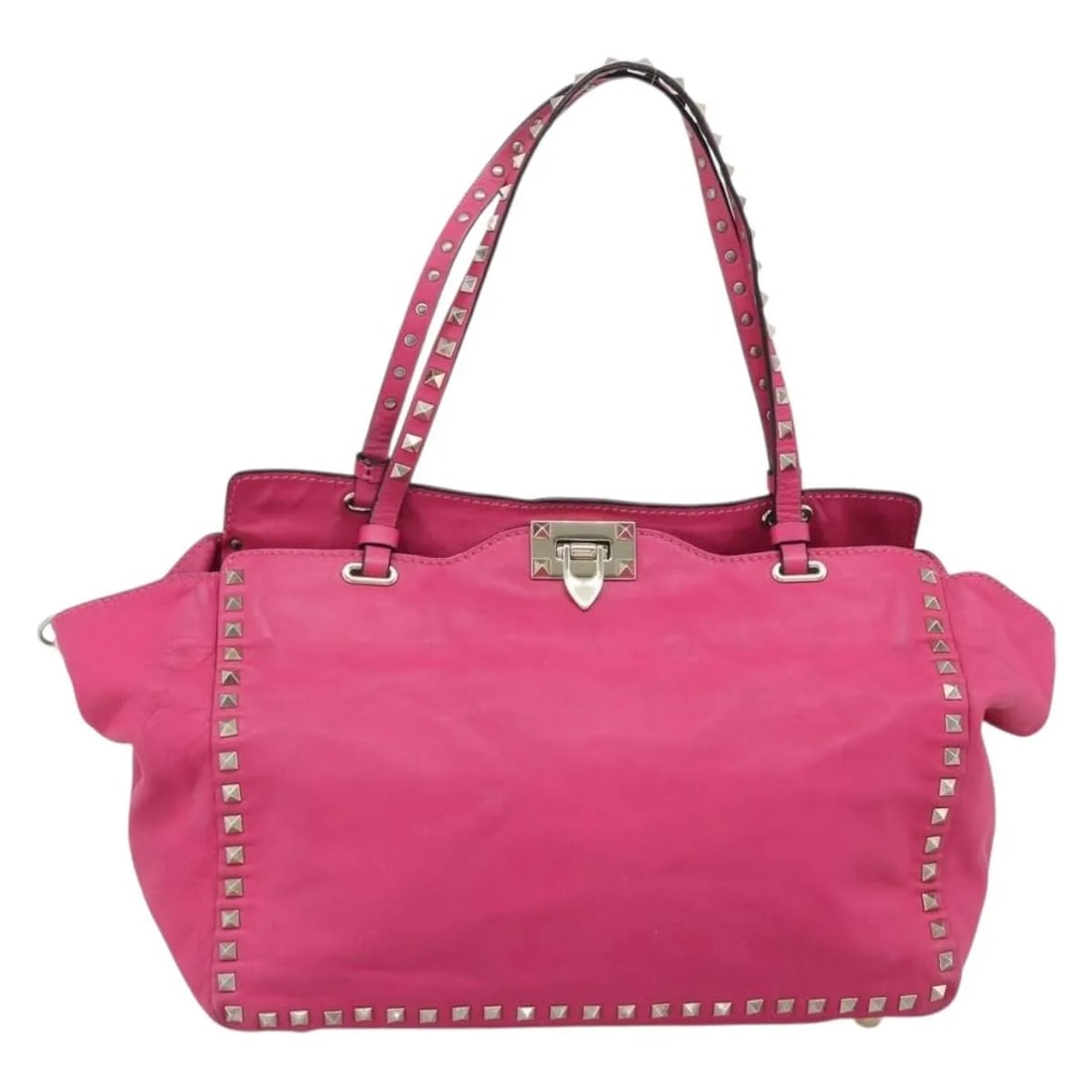 Valentino Garavani Rockstud Leather Tote Bag Pink: Valentino Garavani Rockstud Leather Tote Bag Pink Valentino Garavani Rockstud tote crafted in textured leather. This pink handbag is made in Italy and remains structurally intact, with visible wear co
