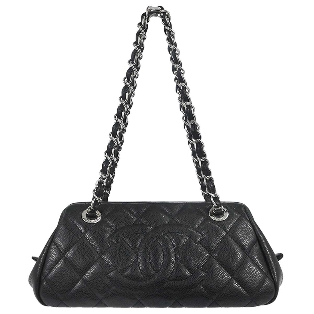 CHANEL Petite Timeless Tote black caviar leather chain handbag: CHANEL Petite Timeless Tote black caviar leather chain handbag Black Chanel chain handbag in caviar skin leather with a quilted exterior, zip closure, and chain strap. The bag features an outside pock
