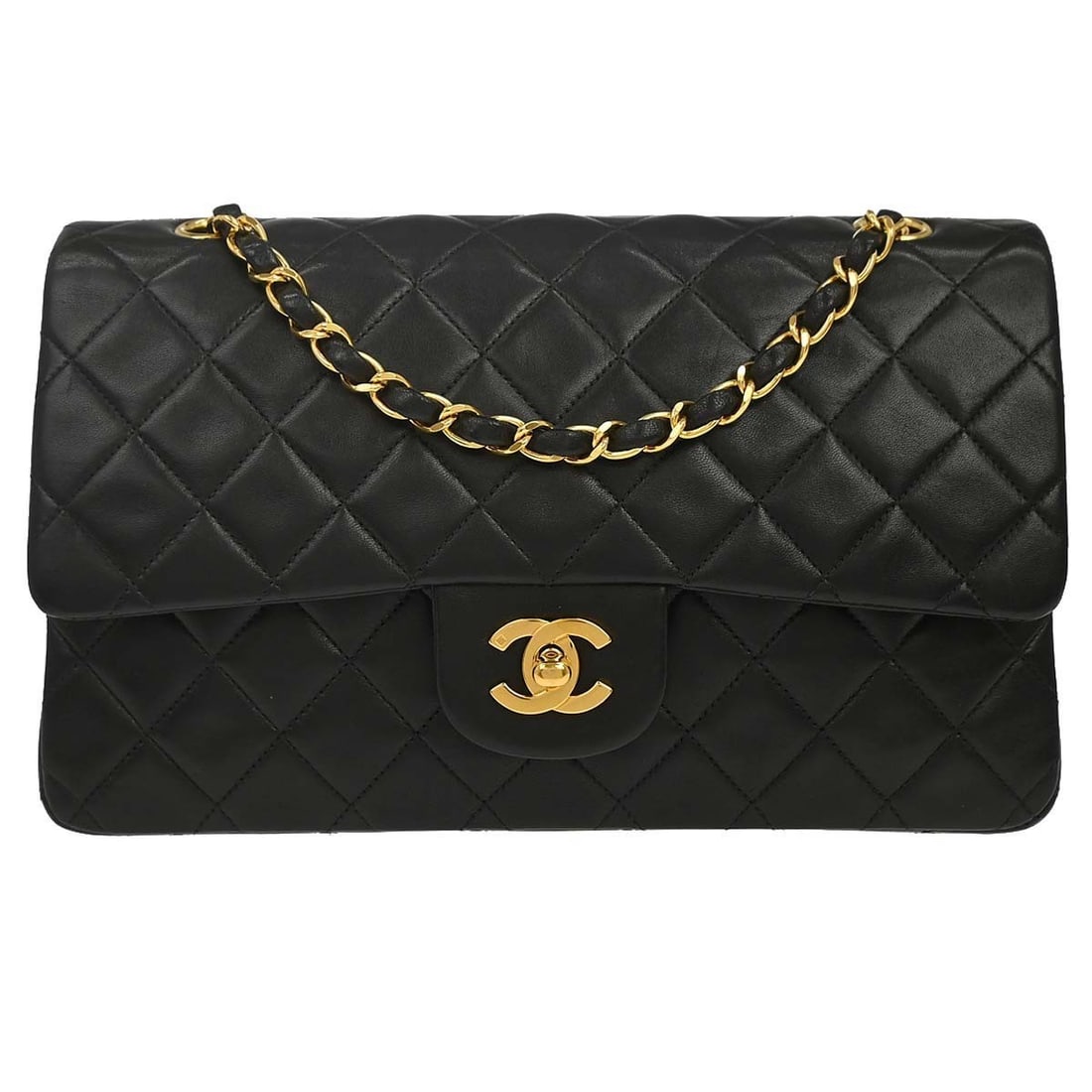 CHANEL Classic Double Flap Medium Shoulder Bag Black Lambskin: CHANEL Classic Double Flap Medium Shoulder Bag Black Lambskin Chanel Medium Classic Double Flap Shoulder Bag in black lambskin leather, made in France. It features a turn-lock closure, a shoulder stra