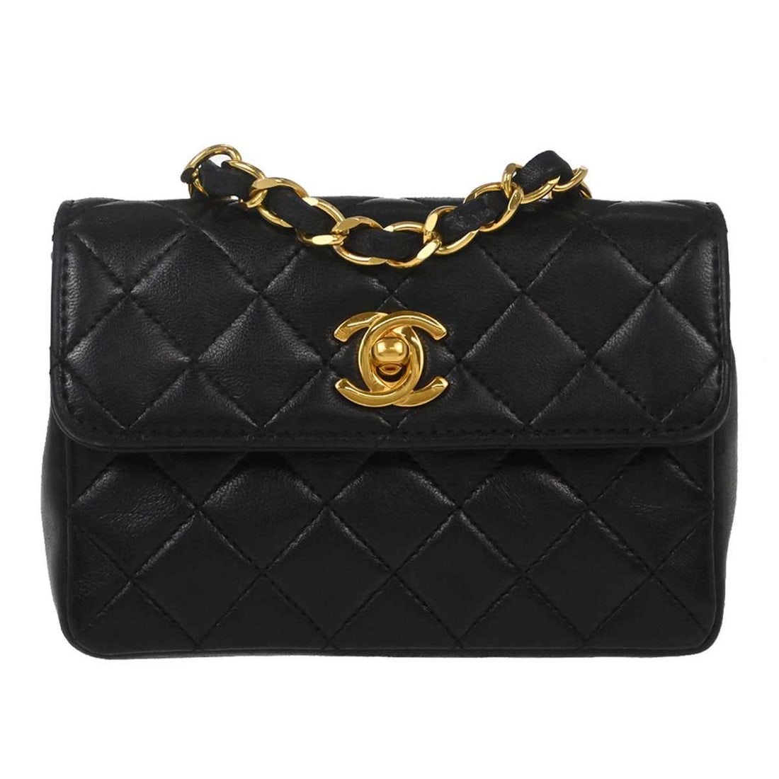 CHANEL Straight Flap Micro Shoulder Bag in Black Lambskin: CHANEL Straight Flap Micro Shoulder Bag in Black Lambskin Chanel Straight Flap shoulder bag in black lambskin with a shoulder strap. Made in France, this micro-size bag includes the serial sticker, du
