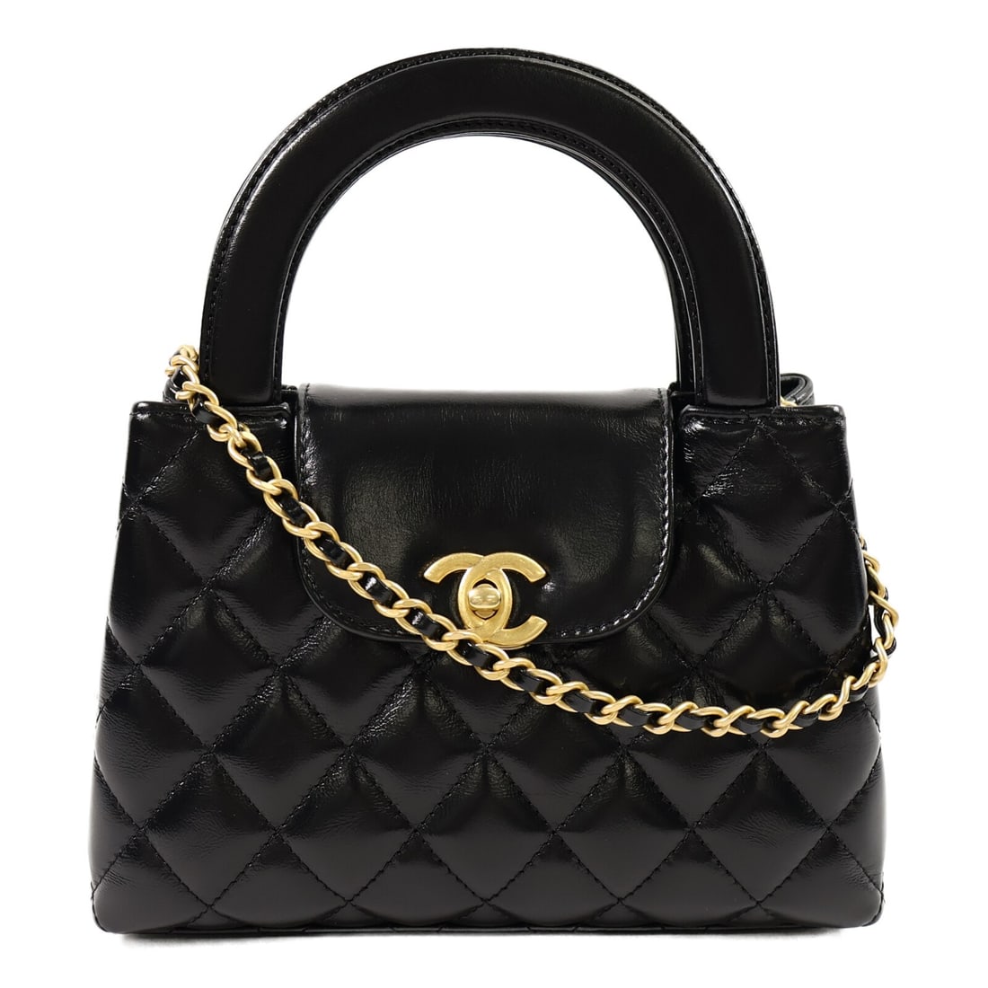CHANEL AS4416 Mini Kelly 2Way Shoulder Bag Black Calfskin: CHANEL AS4416 Mini Kelly 2Way Shoulder Bag Black Calfskin A CHANEL CC GHW Mini Kelly 2Way Shoulder Bag in black calfskin leather. It features a turn lock closure, one open interior pocket, and one int