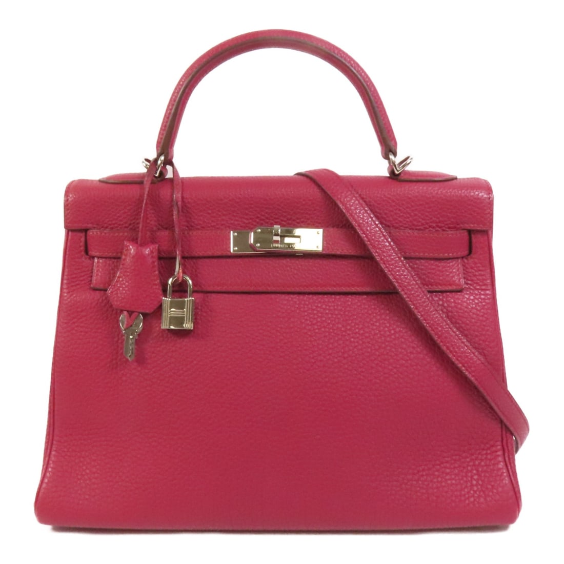 Hermes Kelly 32 Togo Calfskin 2 Way Shoulder Bag Rubis Red: Hermes Kelly 32 Togo Calfskin 2 Way Shoulder Bag Rubis Red Hermes PHW Kelly 32 2 Way Shoulder Bag in Togo leather and calfskin (cowhide), presented in Ruby x RedxB5. It is a women's regular-size 2-way