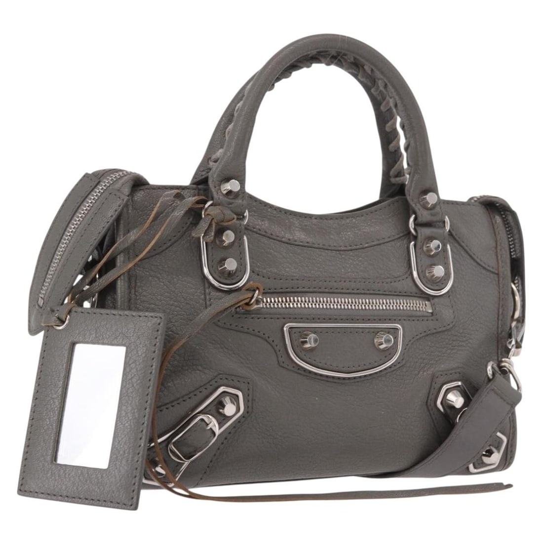 Balenciaga Mini City 2way Hand Bag Gray Silver Leather Mirror Strap: Balenciaga Mini City 2way Hand Bag Gray Silver Leather Mirror Strap Balenciaga Leather Classic Metallic Edge Mini City 2way handbag in gray and silver. It is made of leather and includes a shoulder st