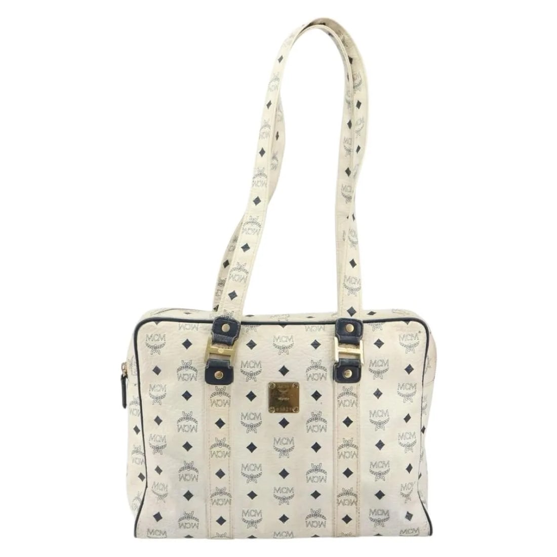 MCM Vintage Visetos white leather tote bag: MCM Vintage Visetos white leather tote bag This MCM Vintage Visetos Tote bag is crafted from white leather, designed for women. The bag features signs of wear such as loss of shape, rubbing, stains, a
