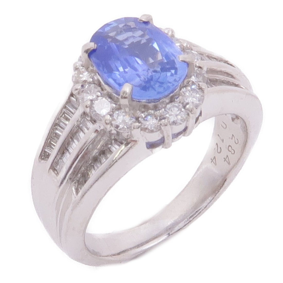 Pt900 Platinum Sapphire Diamond Ring Size 6.75: Pt900 Platinum Sapphire Diamond Ring Size 6.75 A sapphire and diamond ring crafted in PT900 platinum with a silver and blue color presentation. The ring is US size 6.75 and features a motif measuring 
