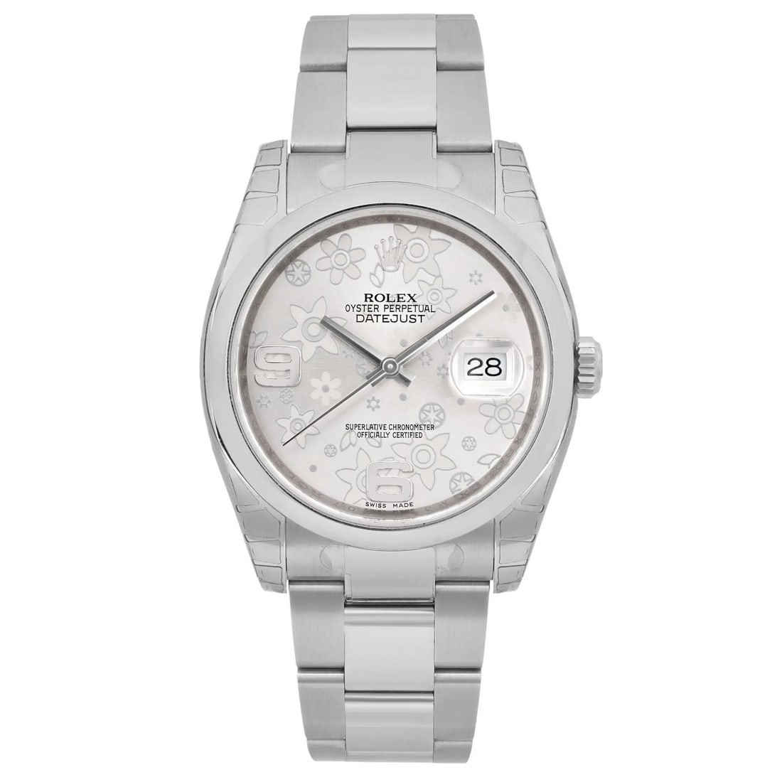 Rolex Datejust 116200 Silver Floral Dial Automatic Unisex Watch: Rolex Datejust 116200 Silver Floral Dial Automatic Unisex Watch Discover the exquisite Rolex Datejust, featuring a striking silver floral dial that adds a unique touch to this luxury wristwatch. Craft
