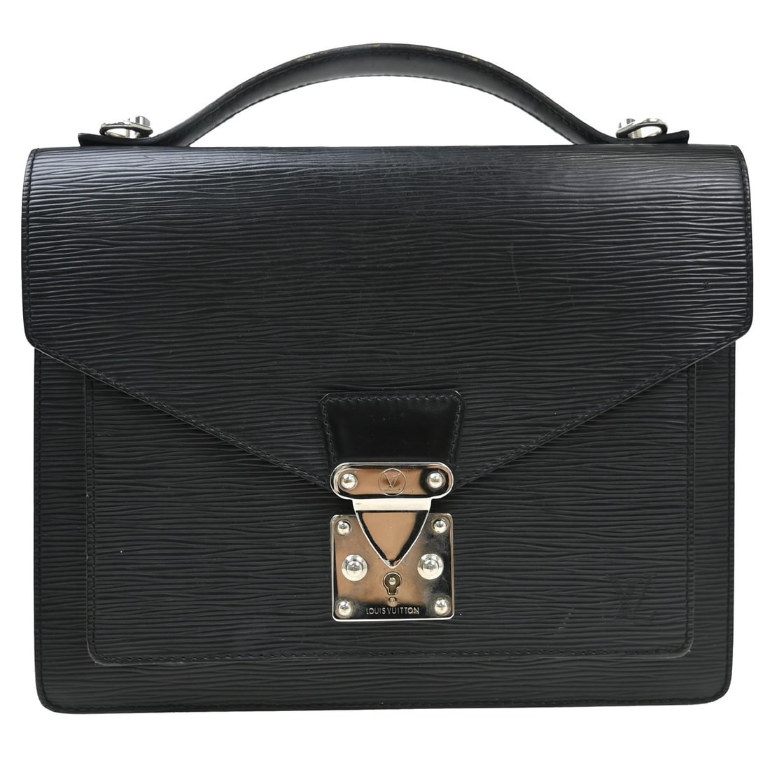 Louis Vuitton Monceau Epi Leather Satchel Black M52792: Louis Vuitton Monceau Epi Leather Satchel Black M52792 Louis Vuitton Monceau handbag in black Epi leather, made in France. It features a flap lock closure, double handles, a leather lining, and a stru