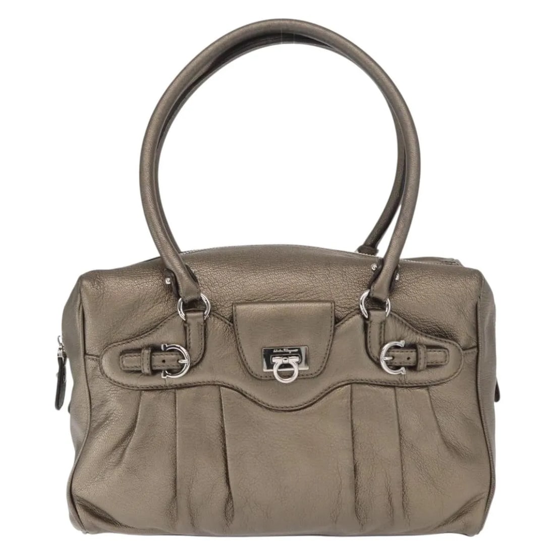 Salvatore Ferragamo Gancini Buckle Gold Leather Shoulder Bag: Salvatore Ferragamo Gancini Buckle Gold Leather Shoulder Bag This Salvatore Ferragamo Gancini Buckle Shoulder Bag for women is crafted from leather in a gold color. The bag features a signature Gancin