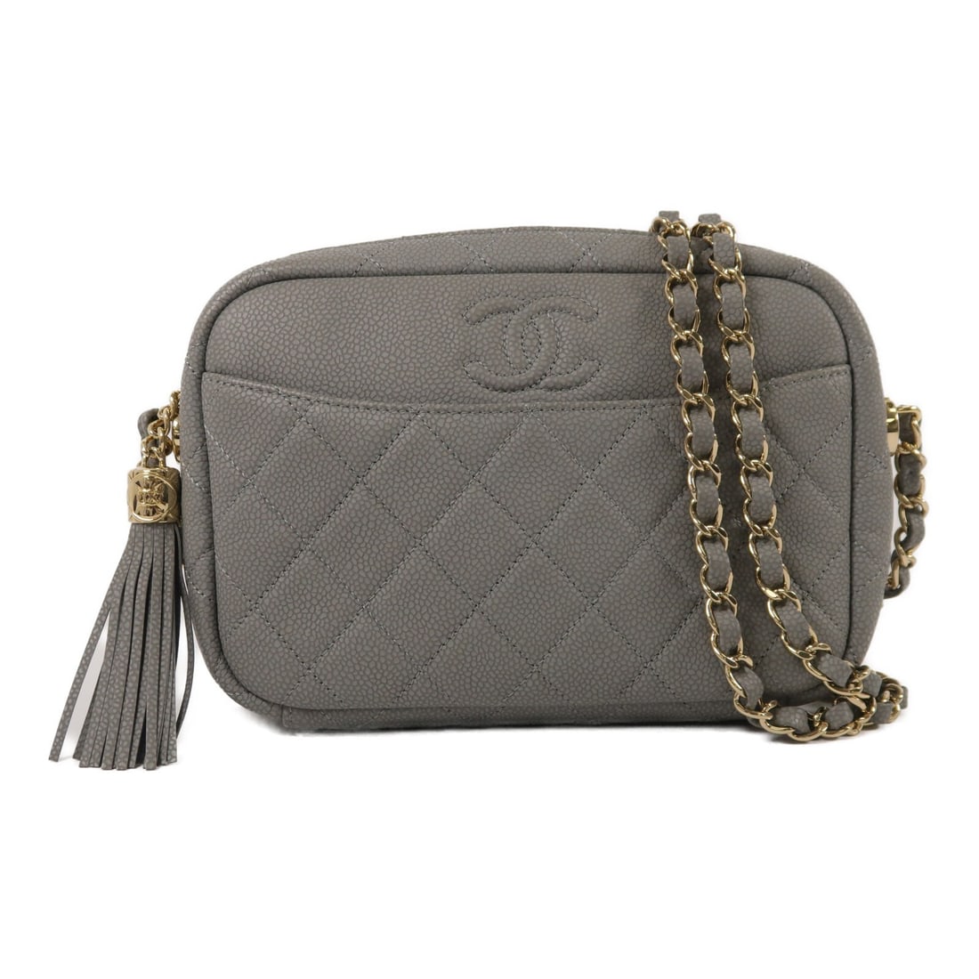 CHANEL A57718 Coco Tassel Camera Shoulder Bag Gray Calfskin: CHANEL A57718 Coco Tassel Camera Shoulder Bag Gray Calfskin A CHANEL Coco Tassel Camera Chain Shoulder Bag crafted in calfskin leather in gray. It features a chain shoulder strap, CC GHW detail, and a