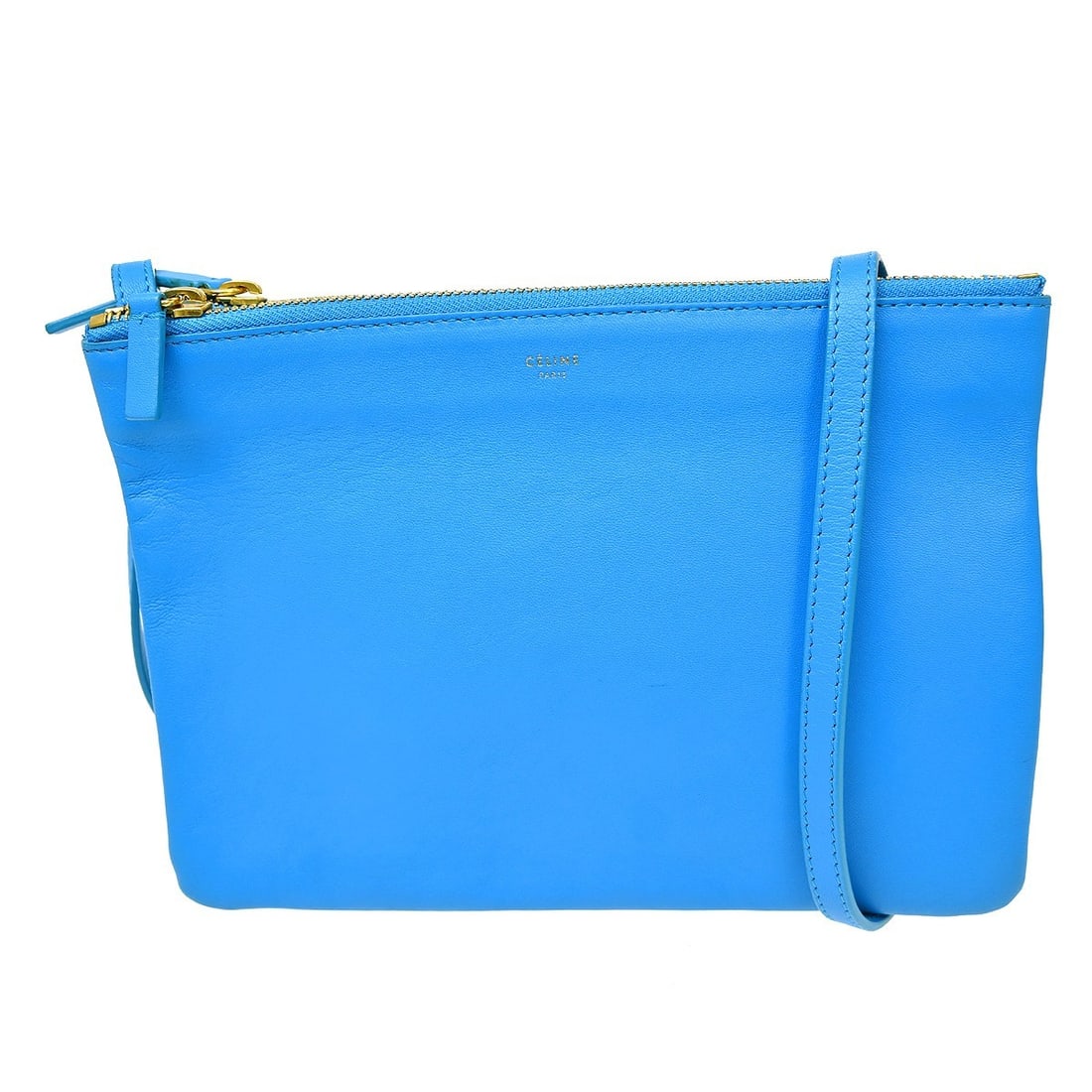 CELINE Trio Blue Leather Shoulder Bag Medium Italy: CELINE Trio Blue Leather Shoulder Bag Medium Italy Celine Trio shoulder bag in blue leather with logo accent and a shoulder strap. Made in Italy, this medium bag includes a dust bag. Condition notes i