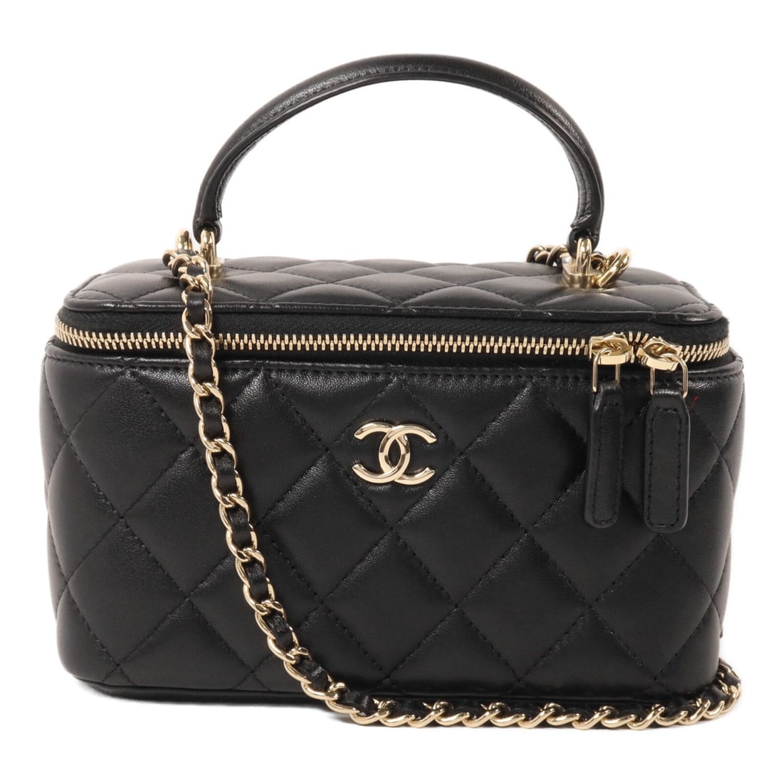 Chanel AP2199 CC Vanity Case Black Lambskin 2 Way Chain Bag: Chanel AP2199 CC Vanity Case Black Lambskin 2 Way Chain Bag A CHANEL CC GHW Vanity Case 2 Way Chain Shoulder Bag in black lambskin leather. The bag features a vanity case design, a fastener closure, a