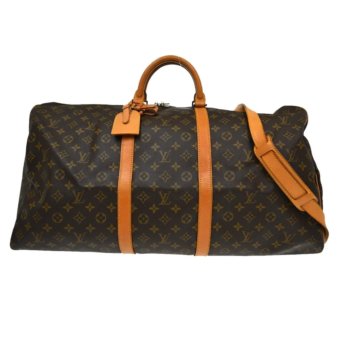 Louis Vuitton Keepall Bandouliere Travel Bag in Monogram Canvas: Louis Vuitton Keepall Bandouliere Travel Bag in Monogram Canvas Louis Vuitton Keepall Bandouliere in brown monogram canvas. This unisex travel bag is in good condition with visible wear, including scu