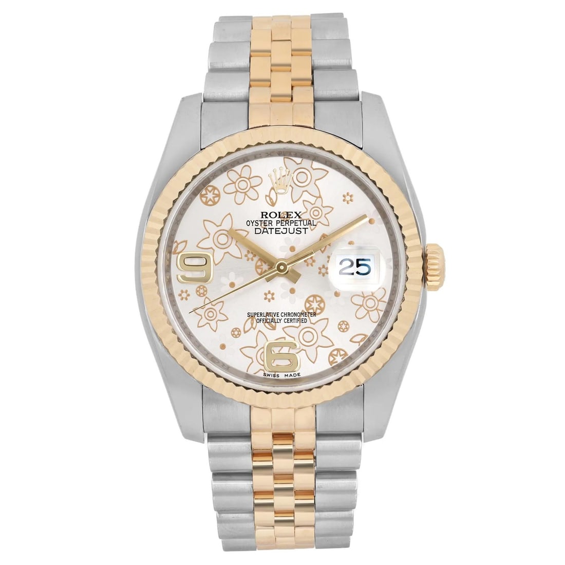 Rolex Datejust 36 18k Yellow Gold Steel Floral Dial Automatic Watch 116233: Rolex Datejust 36 18k Yellow Gold Steel Floral Dial Automatic Watch 116233 This exquisite Rolex Datejust 36 wristwatch showcases an elegant blend of 18k yellow gold and stainless steel. It features a 
