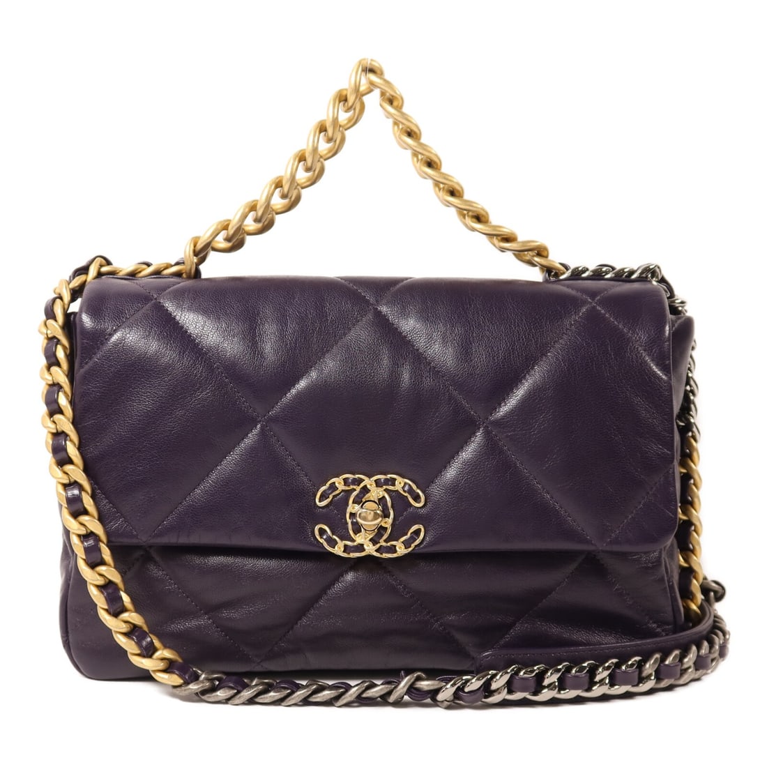 CHANEL AS1161 Chanel 19 Medium Lambskin Shoulder Bag Dark Purple: CHANEL AS1161 Chanel 19 Medium Lambskin Shoulder Bag Dark Purple CHANEL CC Chanel 19 Medium 2 Way Shoulder Bag in Dark Purple lambskin (sheep leather). This bag features a turn lock closure, one outsi