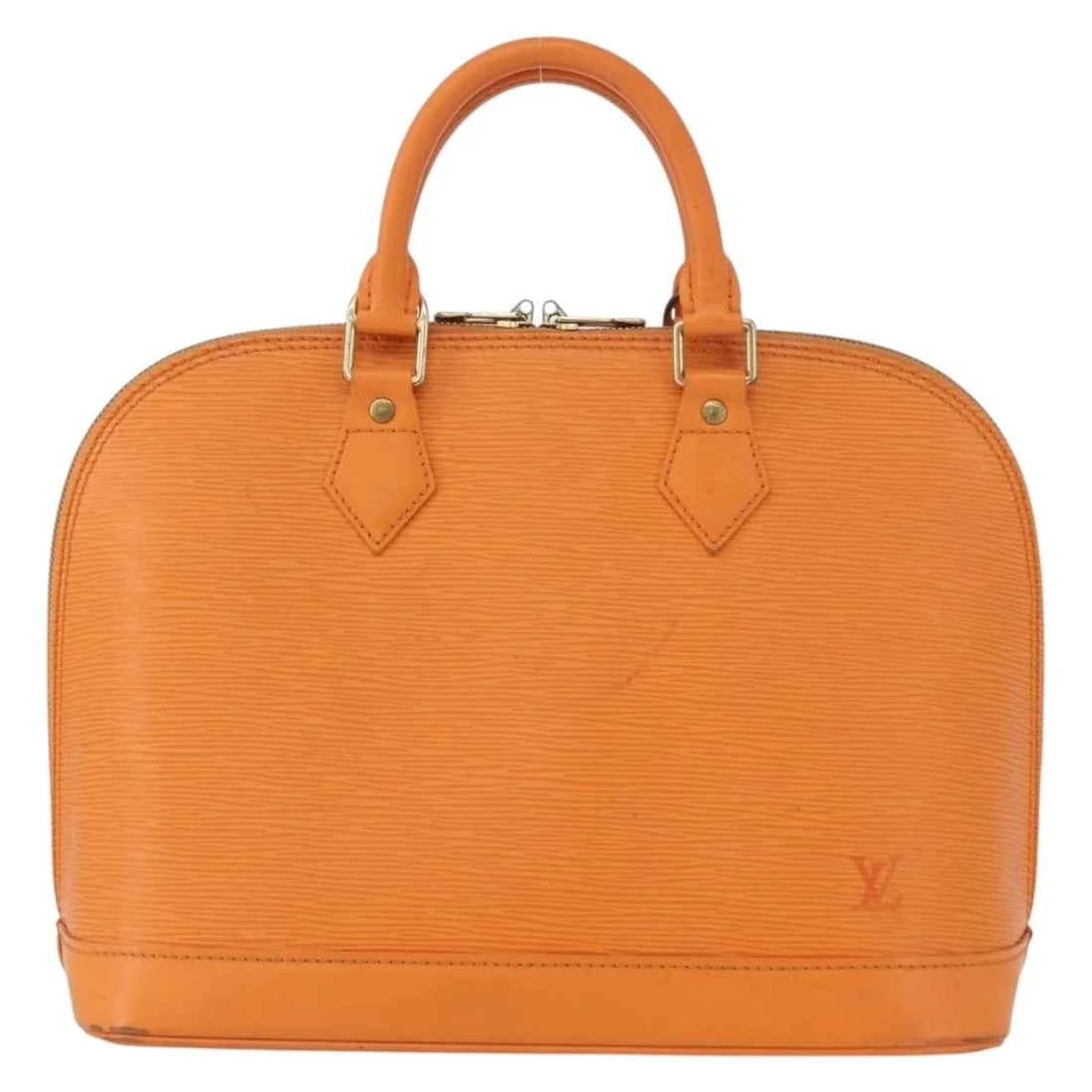 Louis Vuitton Alma Orange Leather Handbag: Louis Vuitton Alma Orange Leather Handbag This Louis Vuitton Alma handbag features vibrant orange Epi leather, designed for women. The bag shows visible signs of use, including out-of-shape surfaces, 