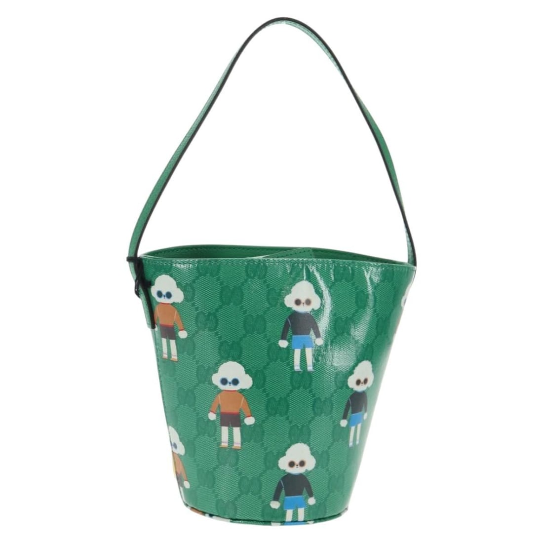 Gucci 752356 GG Crystal Kids Hand Bag Gold Green PVC Leather Canvas: Gucci 752356 GG Crystal Kids Hand Bag Gold Green PVC Leather Canvas A Gucci handbag in gold and green, crafted from PVC leather and GG canvas. It features a compact structured shape with a handle drop