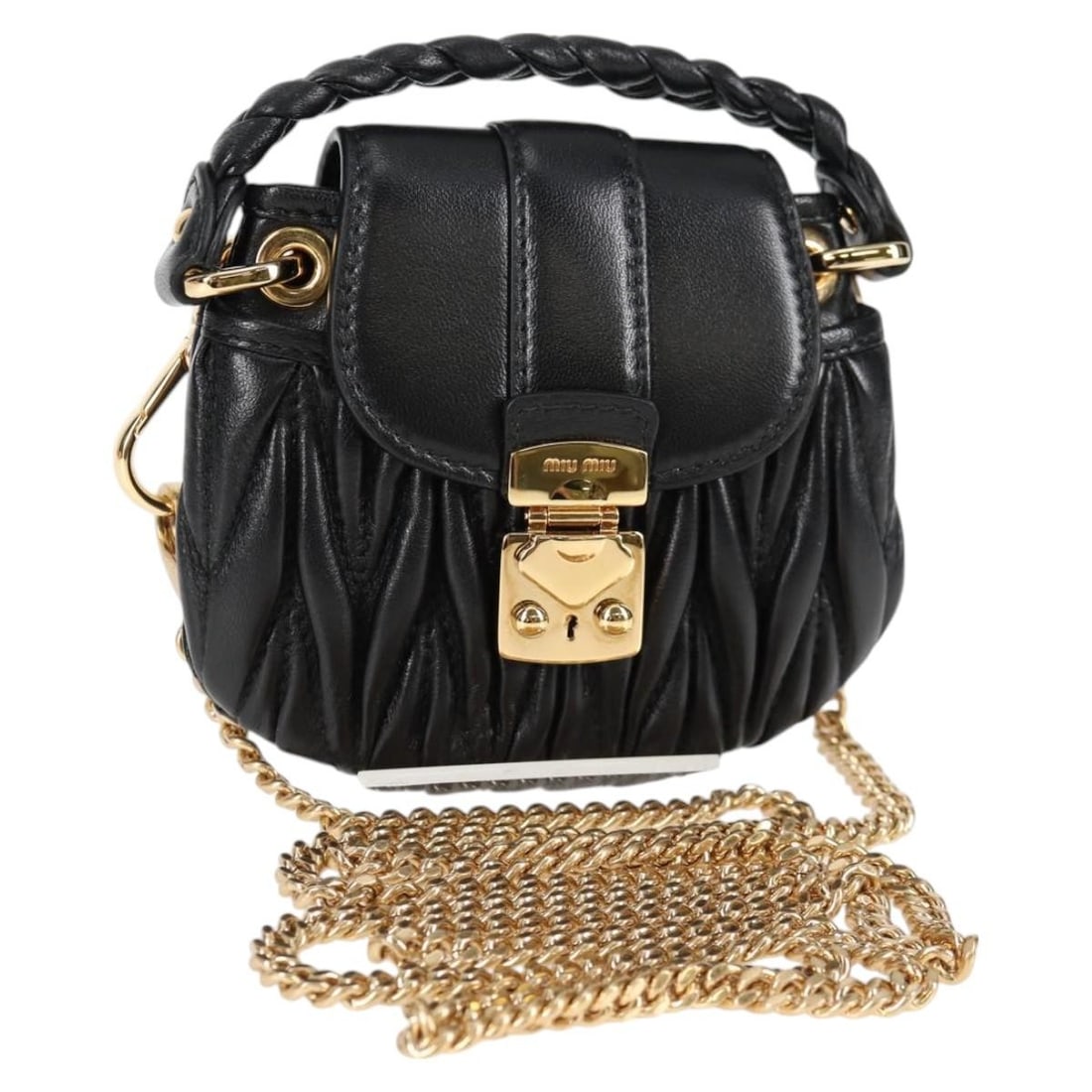 Miu Miu Matelasse Leather Shoulder Pouch Black Gold Chain Strap: Miu Miu Matelasse Leather Shoulder Pouch Black Gold Chain Strap Miu Miu Matelasse Chain Pouch shoulder bag in leather with a black and gold exterior. Made in Turkey, this women's shoulder bag measures