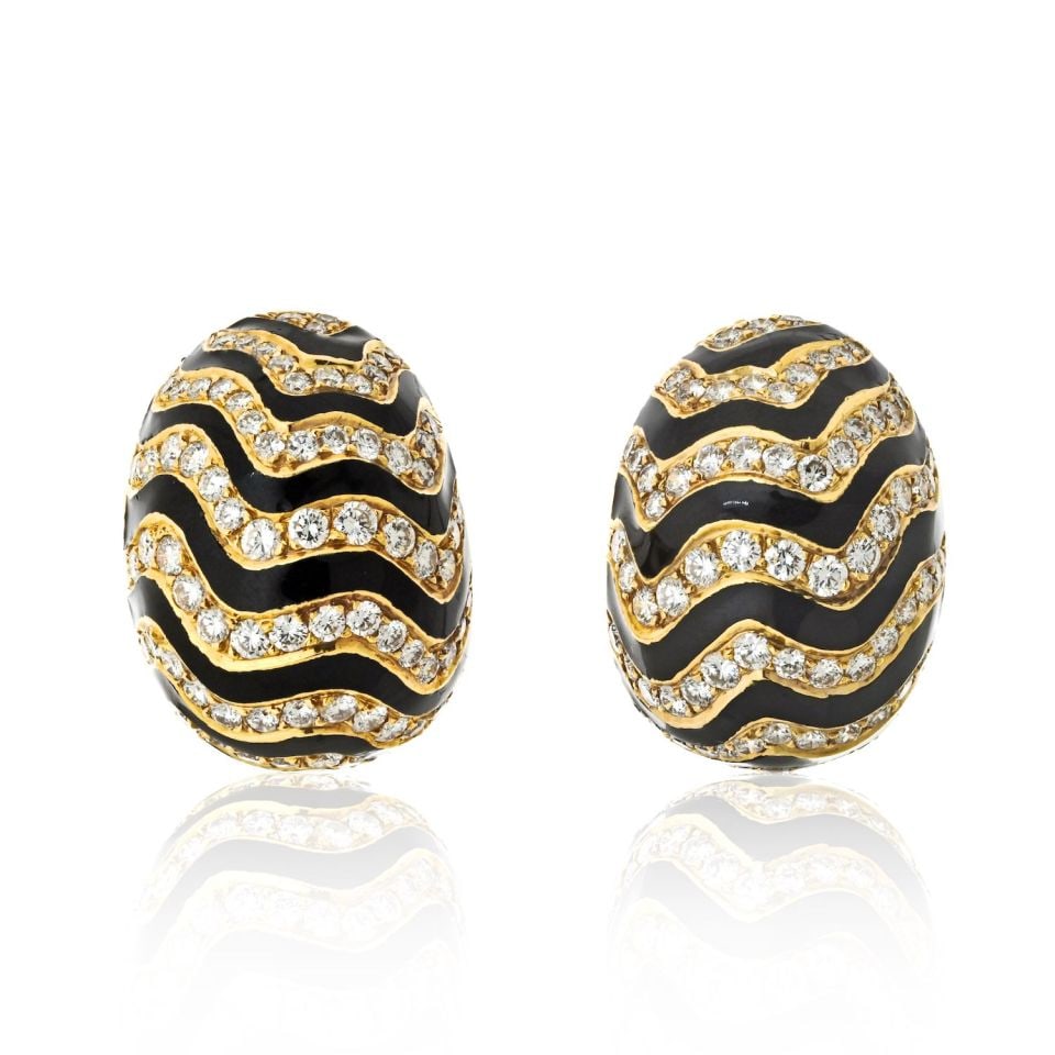 David Webb 18K Yellow Gold Pave Diamond Zebra Dome Clip-On Earrings (1 of 4)