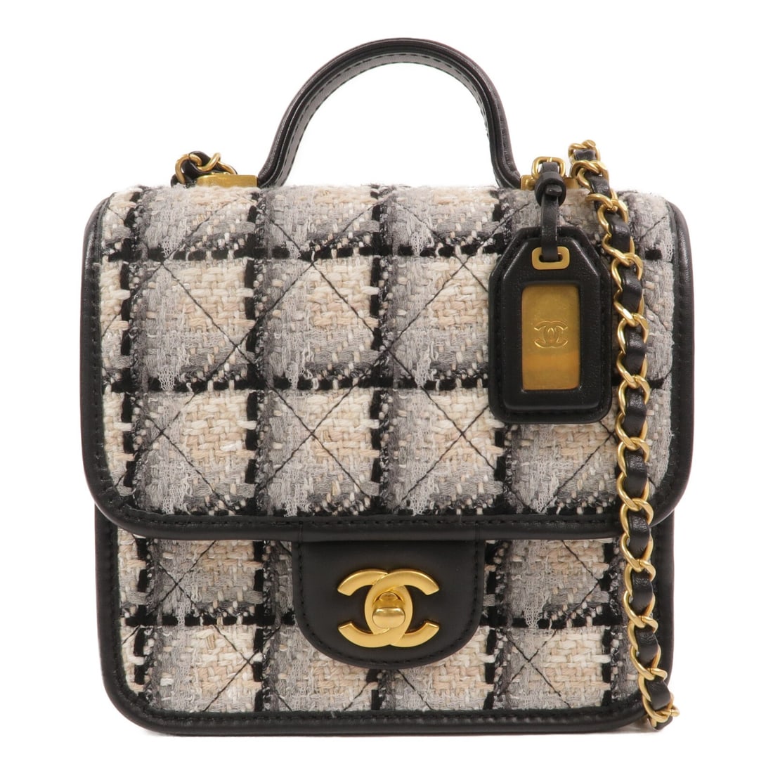 CHANEL AS3652 Small Flap Top Handle Shoulder Bag Black Calfskin Tweed: CHANEL AS3652 Small Flap Top Handle Shoulder Bag Black Calfskin Tweed A CHANEL 2-way shoulder bag with top handle, featuring the CC turn-lock closure and a small flap design. It is made from calfskin 