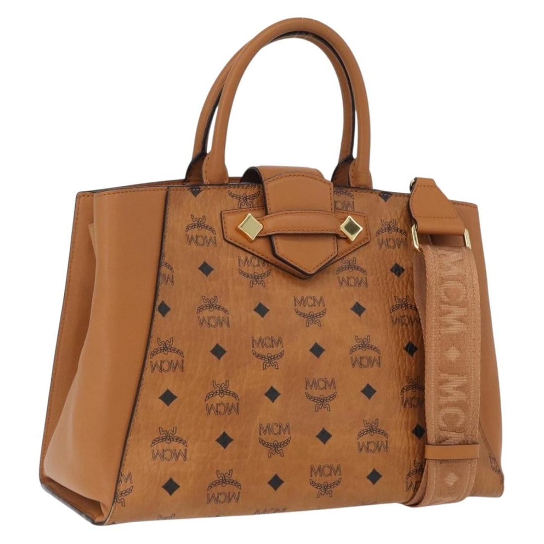 MCM Vicetos 2way PVC Leather Handbag Brown Gold with Shoulder Strap: MCM Vicetos 2way PVC Leather Handbag Brown Gold with Shoulder Strap MCM Vicetos logogram hand bag in brown and gold PVC leather, designed for women and made in Korea. It features a 2-way style with a 
