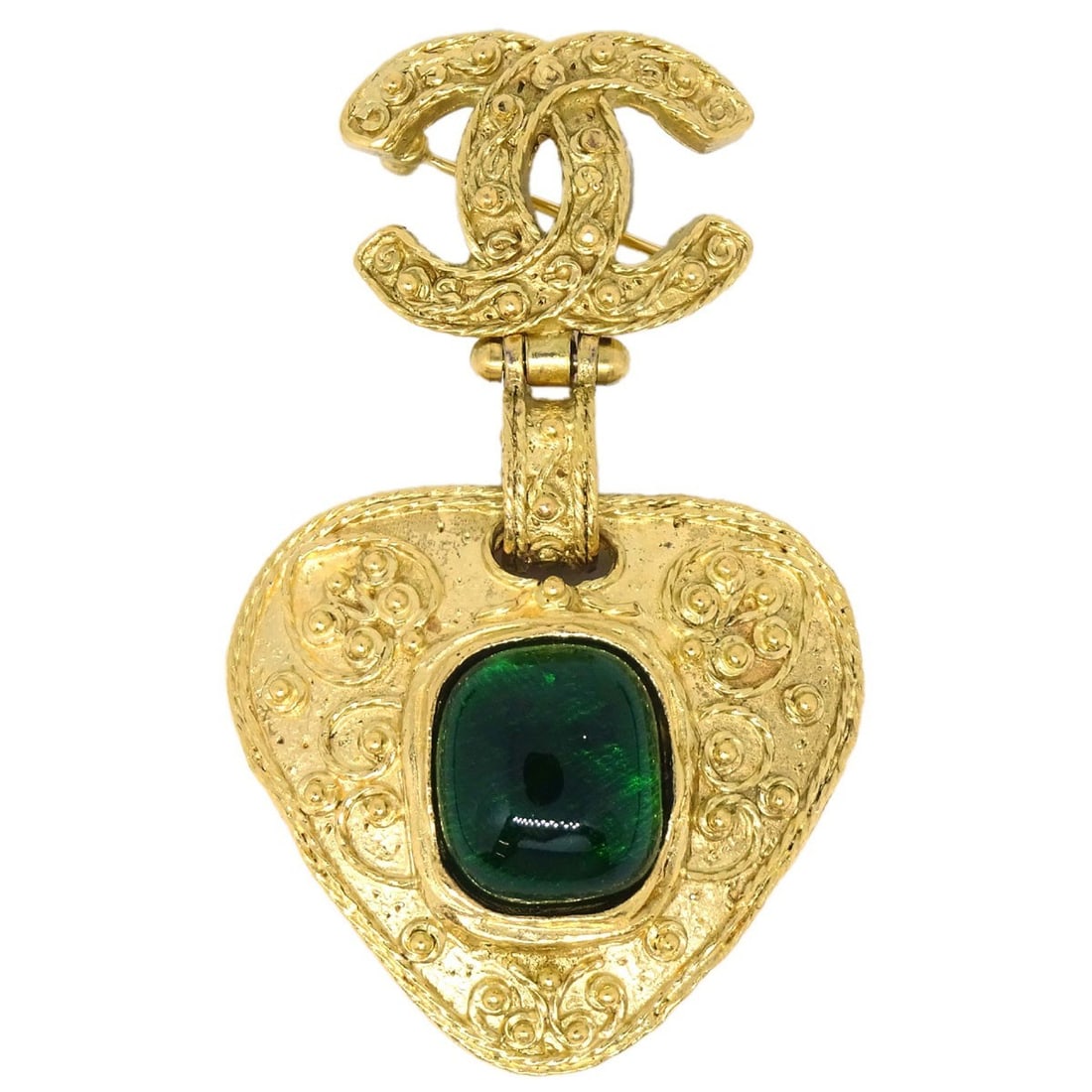CHANEL Heart Brooch Gold Plated Green Gripoix France: CHANEL Heart Brooch Gold Plated Green Gripoix France Chanel heart-shaped brooch pin in gold-plated metal with green Gripoix detail. Made in France, this piece measures approximately 4 in in length and
