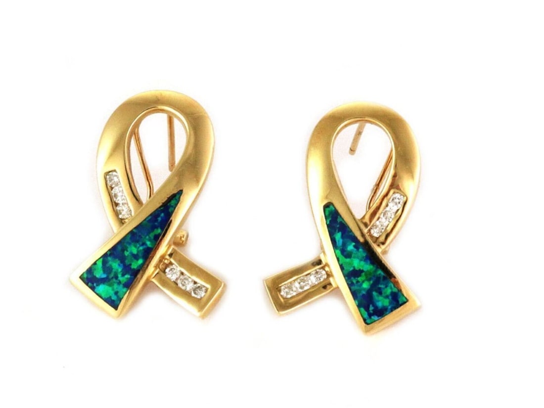 Vintage 14k Yellow Gold Ribbon Loop Earrings with Opal and Diamond (1 of 7)