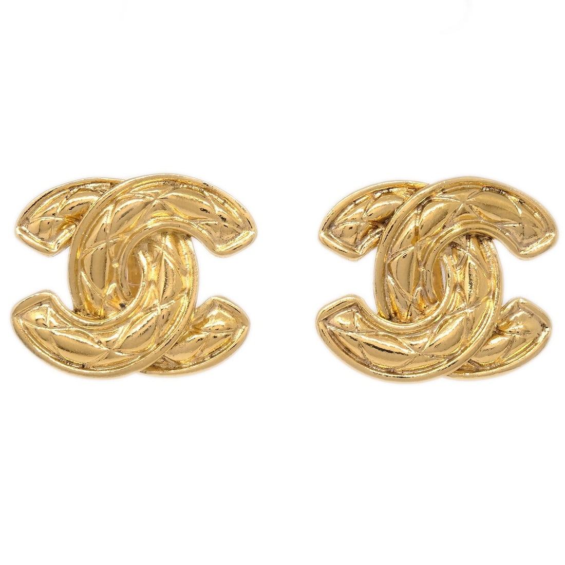 Chanel CC Logo Clip On Earrings Gold Plated France: Chanel CC Logo Clip On Earrings Gold Plated France Clip-on Chanel CC quilted earrings in gold-plated metal with a logo motif. Made in France, this pair shows discoloration and is described as being in