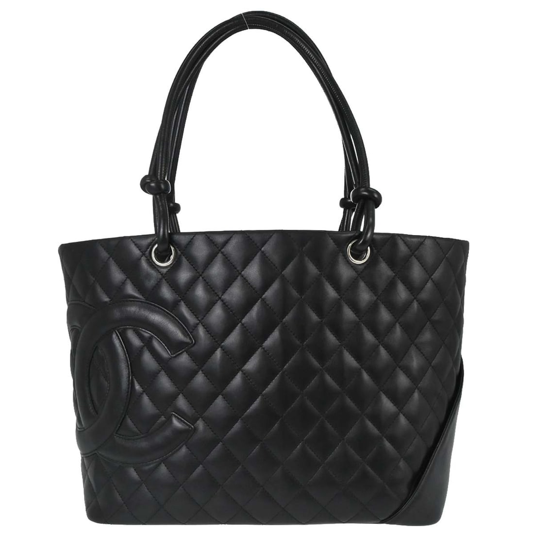 CHANEL Cambon Ligne black calfskin tote handbag quilted matelasse: CHANEL Cambon Ligne black calfskin tote handbag quilted matelasse Chanel Cambon Ligne tote handbag in black calfskin leather with a quilted matelasse finish and logo accents. This medium tote features